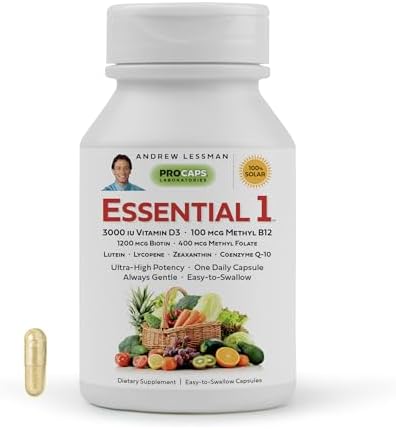 ANDREW LESSMAN Essential-1 Multivitamin 3000 IU Vitamin D3 60 Small Capsules – 100 mcg Methyl B12. CoQ10 Lutein Lycopene Zeaxanthin. High Potency. No Additives. Gentle Ultra-Mild. One Daily Capsule