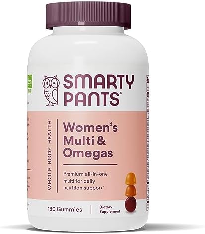 SmartyPants Women’s Multivitamin Gummies: Omega 3 Fish Oil (EPA/DHA), Methylfolate, CoQ10, Vitamin D3, C, Vitamin B12, B6, Vitamin A, K & Zinc, Gluten Free, 180 Count (30 Day Supply)