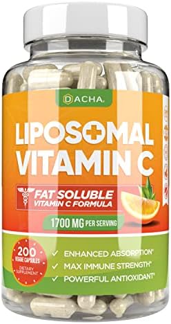 DACHA Natural Liposomal Vitamin C – 1700mg, 200 Capsules, Immune System & Collagen Booster, High Absorption Fat Soluble VIT C, Buffered, Skin Vitamins, Sunflower Lecithin