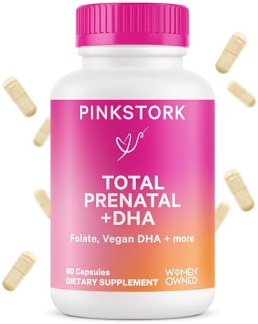 Pink Stork Total Prenatal Vitamins with DHA, Folate, Iron, Choline, and Vitamin B12 – Prenatals for Women to Support Fetal Development, Pregnancy Must Haves – 60 Capsules, 1 Month Supply