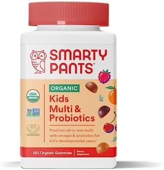 SmartyPants Organic Kids Multivitamin Gummies: Probiotics, Omega 3 (ALA), Vitamin D3, C, Vitamin B12, B6, Vitamin A, K & Zinc for Immune Support, Three Fruit Flavors, 120 Count (30 Day Supply)