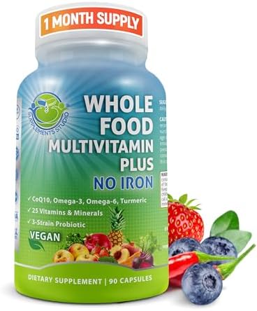 Vegan Whole Food Multivitamin Without Iron, Daily Multivitamin for Women and Men, Made with Fruits & Vegetables, B-Complex, Probiotics, Enzymes, CoQ10, Omegas, Turmeric, Non-GMO, 90 Count