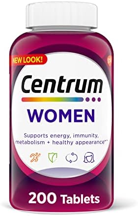 Centrum Multivitamin Tablet for Women, Multivitamin/Multimineral Supplement with Iron, Vitamin D3, B Vitamins and Antioxidant Vitamins C and E, Gluten Free, Non-GMO Ingredients – 200 Count