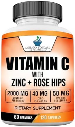 American Standard Supplements Vitamin C 2000mg, Zinc 40mg, and Rose Hips 50mg Per Serving – Vegan, Gluten Free, Non-GMO, 120 Capsules, 60 Servings