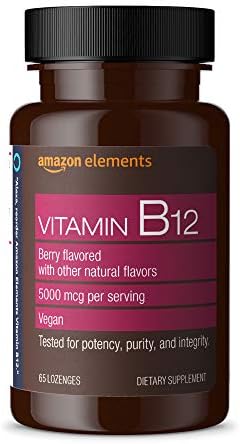 Amazon Elements Vitamin B12 Methylcobalamin 5000 mcg – Normal Energy Production and Metabolism, Immune System Support – 2 Month Supply, Berry Flavored Lozenges, 65 Count