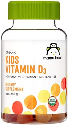 Amazon Brand – Mama Bear Organic Kids Vitamin D3 25 mcg (1000 IU) Gummies per serving, Bone and Immune Health, Strawberry, 80 Count