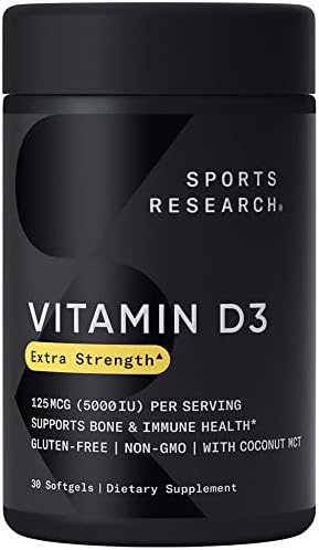 Sports Research Vitamin D3 5000 IU with Coconut Oil – High Potency Vitamin D Supplement for Immune & Bone Support – Non-GMO Verified, Gluten & Soy Free – 30 Liquid Softgels