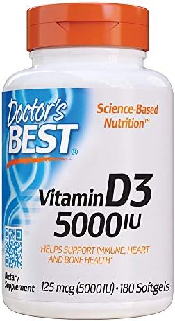 Doctor’s Best Vitamin D3 5000IU, Non-GMO, Gluten & Soy Free, Regulates Immune Function, Supports Healthy Bones, White, No Flavour, 180 Count