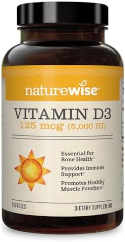 NatureWise Vitamin D3 5000iu (125 mcg) 1 Year Supply for Healthy Muscle Function, and Immune Support, Non-GMO, Gluten Free in Cold-Pressed Olive Oil, Packaging Vary ( Mini Softgel), 360 Count