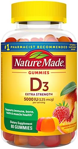 Nature Made Extra Strength Vitamin D3 5000 IU (125 mcg) per serving, Dietary Supplement for Bone, Teeth, Muscle and Immune Health Support, 80 Gummies, 40 Day Supply, 80 Count (Pack of 1)