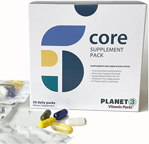 Planet 3 Core Supplement Vitamin Packs, Energy & Immune Support with Multivitamin, Vitamin D, Probiotics, Biotin, B12, Omega-3, Lutein and More, for Both Men & Women, 30 Daily Packets