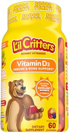 L’il Critters Vitamin D3 Daily Gummy Supplement for Kids, for Immune & Bone Support, Peach and Berry Flavors, 60 Gummies