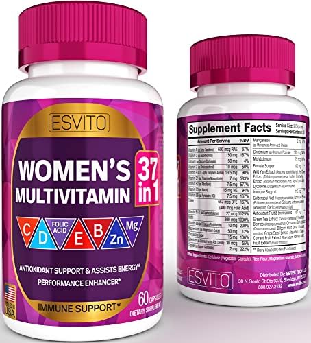 Multivitamin for Women 37 in 1 – Immune, Energy & Stress Support- Daily Vitamins for Women with Vitamin C, Vitamin B12, B6, Vit D3, E, Folic Acid, Zinc, Magnesium, Non-GMO 30 Day Supply, 60 Vegan caps