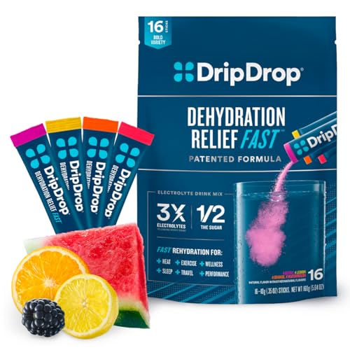 DripDrop Hydration – Electrolyte Powder Packets – Watermelon, Berry, Orange, Lemon – 16 Count