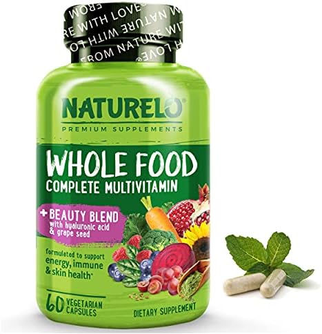 NATURELO Whole Food Multivitamin with Extra Hair, Skin and Nails Support – Beauty Blend with Hyaluronic Acid & Grape Seed – High Potency Biotin, Vitamin C, and Glutathione – 60 Vegan Capsules