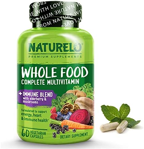 NATURELO Whole Food Multivitamin + Immune Blend with Elderberry & Mushrooms – Complete Multivitamin with Extra Immune Support – C, D3, Zinc, Elderberry, Reishi, Shitake – 60 Vegan Capsules