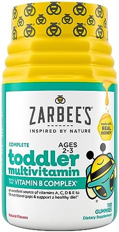 Zarbee’s Toddler Vitamins, Complete Multivitamin with Vitamin A, C, D3 & B-complex, Easy to Chew, Gluten, Soy, Nut & Dairy Free, Natural Fruit Flavors, 2-3 Years, 110 Count