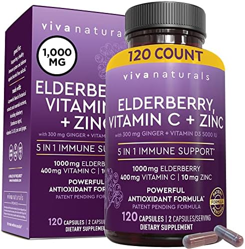 Viva Naturals Elderberry with Vitamin C and Zinc for Adults – 5 in 1 Sambucus Black Elderberry Capsules with Vitamin D3 5000 IU, Elderberries Immune Support Supplement 2 Months Supply Pills