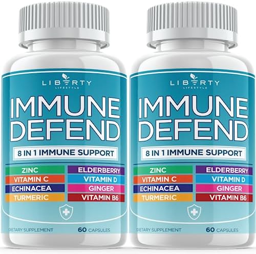 8 in 1 Immune Defense Support, Immunity Vitamins Supplement Booster with Zinc 50mg, Vitamin C Elderberry Vit D3 5000 IU, Turmeric Curcumin & Ginger, Echinacea – Allergy Relief for Kids Adults (2 Pack)