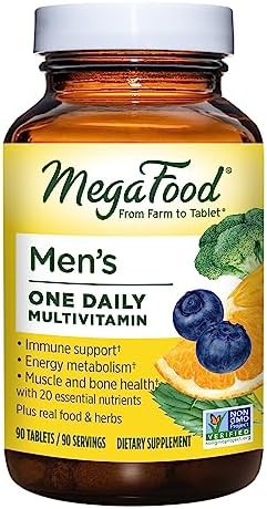 MegaFood Men’s One Daily – Multivitamin for Men with Zinc, Selenium, Vitamin B12, Vitamin B6, Vitamin D & Real Food – Immune Support Supplement – Muscle and Bone Health – Vegetarian – 90 Tabs