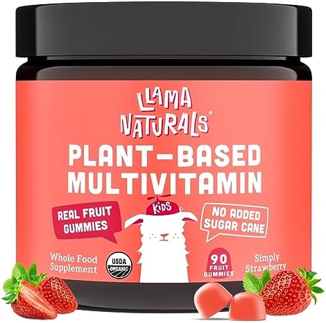 Llama Naturals Real Fruit Gummy Vitamins for Kids, No Added Sugar Cane, Beta Carotenes, Whole Food Multivitamin, Vegan Toddler Gummies, Plant Based, Organic, Chewable 90 ct (30-45 Days) Strawberry