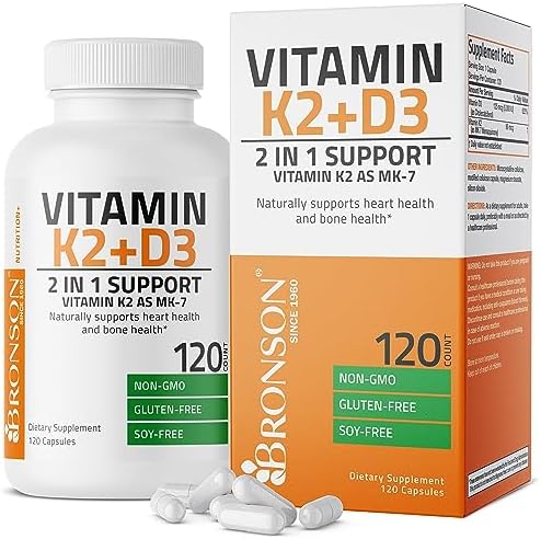 Bronson Vitamin K2 (MK7) with D3 Supplement Non-GMO Formula 5000 IU Vitamin D3 & 90 mcg Vitamin K2 MK-7 Easy to Swallow Vitamin D & K Complex, 120 Capsules