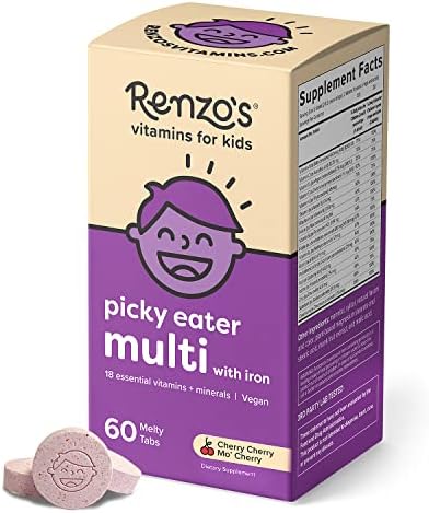 Renzo’s Picky Eater Kids Multivitamin with Iron – Dissolving Kids Vitamins with Vitamin D3 & K2 and More – 60 Sugar-Free Melty Tabs, Cherry Cherry Mo’ Cherry Flavored