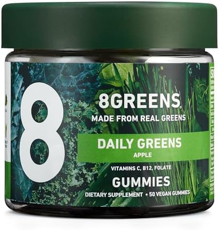 8Greens Daily Greens Gummies – Superfood Booster, Energy & Immune Support, Made with Real Greens, High in Antioxidants, Vitamin C, B12, Folate, Spirulina – Apple Flavored, 50 Vegan Gummies