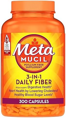 Metamucil, Daily Psyllium Husk Powder Supplement, 3-in-1 Fiber for Digestive Health, Plant Based Fiber, 300ct Capsules (Packaging May Vary)