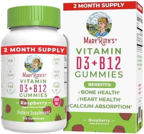 MaryRuth’s Vitamin D3 + B12 Gummies | Sugar Free | 2 Month Supply | Vitamin D & B12 Vitamin Supplements for Adults & Kids | Supports Bone Health | Energy Boost | Vegan | Non-GMO | 60 Servings