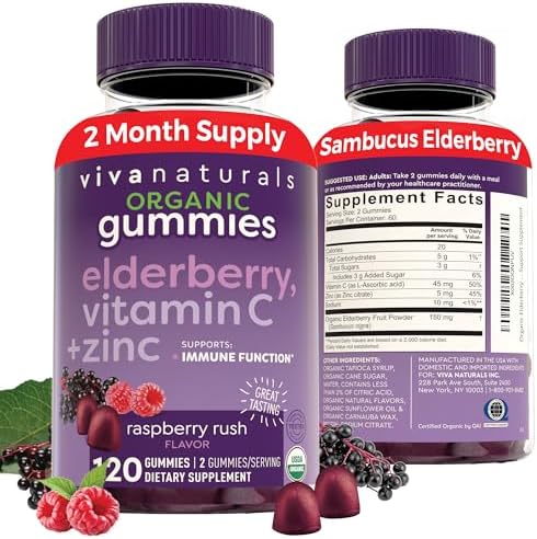 Organic Sambucus Elderberry Gummies with Zinc and Vitamin C (120 Count) – 3 in 1 Black Elderberry Gummies for Adults Immune Support, Chewable Elderberry Supplements, Immunity Gummies